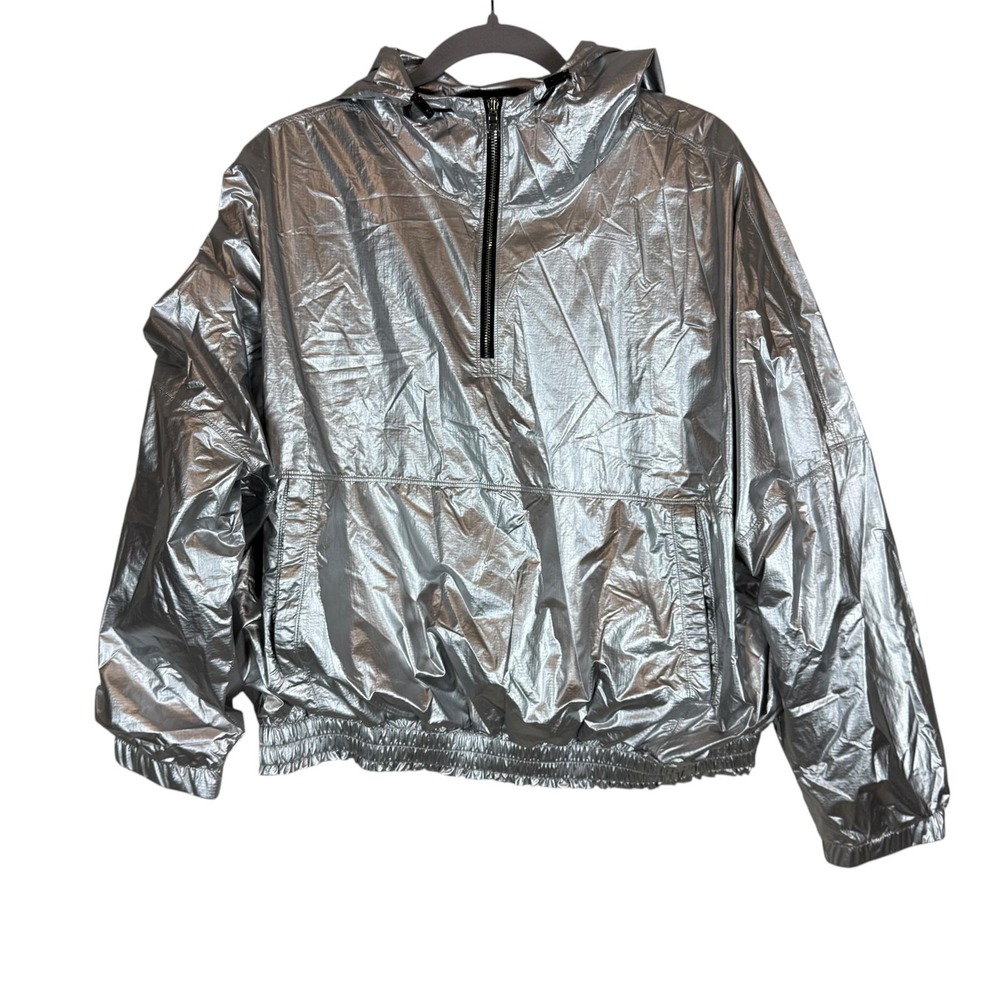 Pennant Jacket Mens Medium Silver 1/2 Zip Hooded Lightweight Windbreaker Nylon